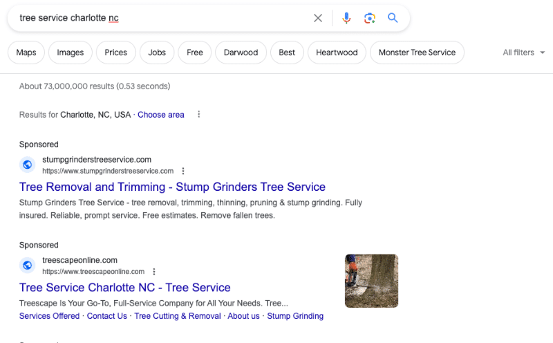 tree service advertising google ads example